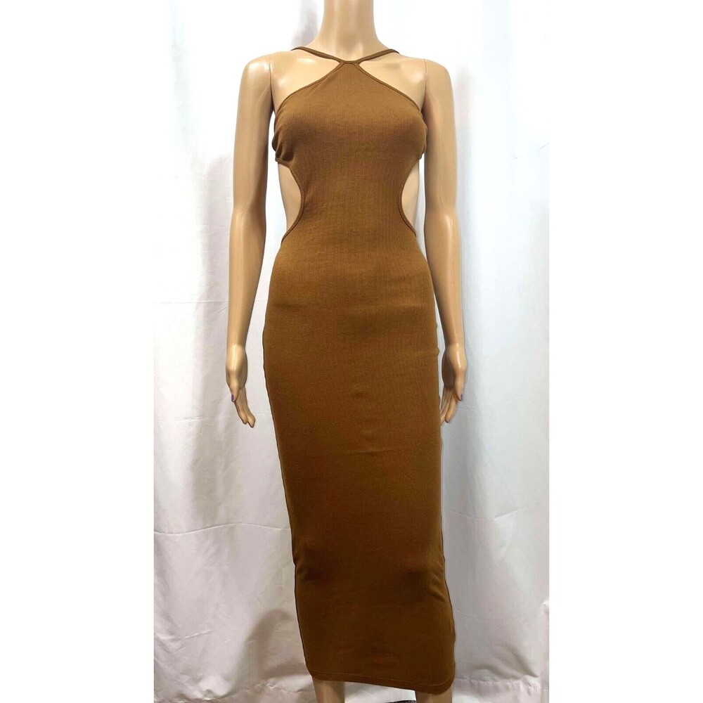 Lufeng Brown Ribbed Halter Maxi Dress Cut Out Bodycon Backless Slay Size S
